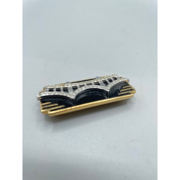 Vintage Signed MONET Pin Brooch Art Deco Inspired Black Enamel Over Gold Tone - Picture 6 of 14